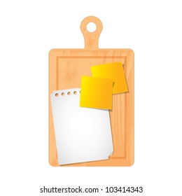 Baking wooden board with stick notes and note pad, baking concept, vector illustration