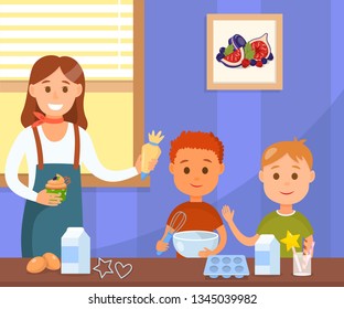 Baking Workshop Flat Color Vector Illustration. Mother Teaching Children Baking Delicious Dessert characters. Home Bakery Cartoon Drawing. Cooking class. Various Confectionery Equipment