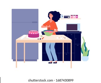 Baking workshop. Girl cooking pie, bakery kitchen. Birthday festive eating, sweet cake and happy female character. Freelance chef vector illustration