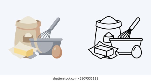 A baking workspace preparation setup displaying a fabric flour sack, a ceramic mixing bowl with an industrial wire whisk, a butter block, and a raw chicken egg.