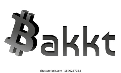BAKKT word with bitcoin symbol isolated on white. Global ecosystem for trading, storing and paying for cryptocurrencies.
