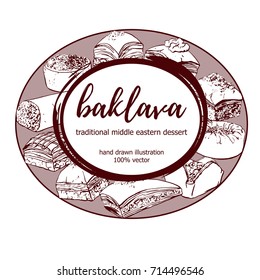 Baklava. Hand drawn vector illustration with traditional middle eastern dessert in circle composition with round frame with place for your text. Hand drawn sketchy elements on white background.