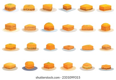Iconos de Baklava establecen el vector de la caricatura. Buena comida. Postre oriental
