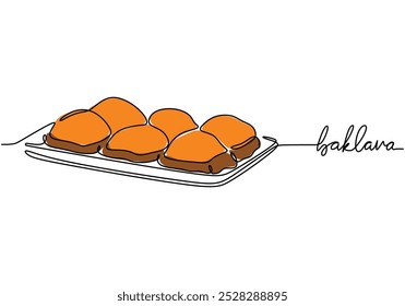Baklava Middle Eastern Food dibujo de línea continua. Concepto de comida y bebida. Ilustración vectorial minimalista aislada sobre fondo blanco.