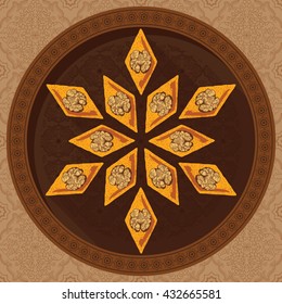 Baklava is the most popular dessert in Asia, vector illustration of baklava on a round plate with a traditional pattern. Food illustration for design, menu, cafe billboard.
