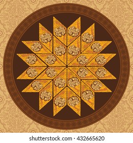 Baklava is the most popular dessert in Asia, vector illustration of baklava on a round plate with a traditional pattern. Food illustration for design, menu, cafe billboard.