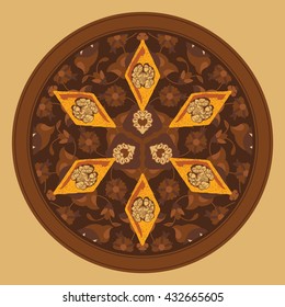 Baklava is the most popular dessert in Turkey, vector illustration of baklava on a round plate with a traditional pattern. Food illustration for design, menu, cafe billboard.