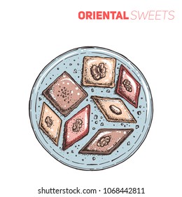 Baklava on the plate vector illustration. Isolated on white. Top view. Traditional dessert.