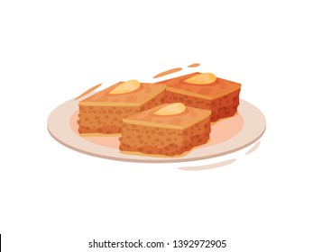Baklava on a plate. Vector illustration on white background.