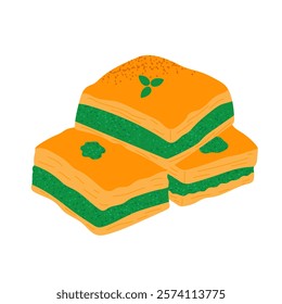 Baklava with pistachios. Traditional Turkish dessert. Hand drawn vector illustration