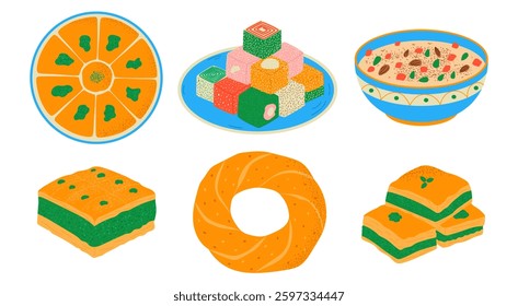 Baklava, rahat lukum, bagel simit, ashure. Traditional Turkish dessert set. Hand drawn vector illustration