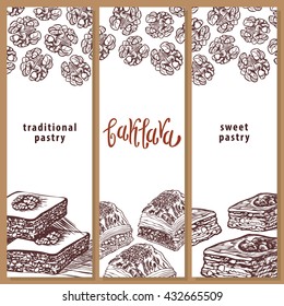 Baklava is the sweet pastry from Asia, vector illustration of baklava with a traditional pattern. Food illustration for design, menu, cafe billboard. Handwritten lettering. Sketch