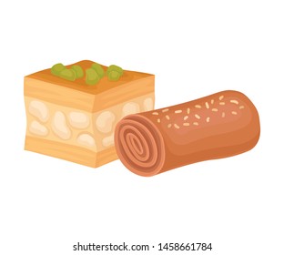 Baklava and Turkish Delight. Vector illustration on white background.