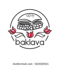 Baklava. Turkish dessert. Clear modern vector illustration with red tulips. Hand drawn doodle elements for minimalistic label, logo, badge or card design for cafe, bakery or street food market.