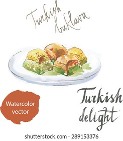 Baklava watercolor, turkish delight, sweet, vector. This dish is made from puff pastry