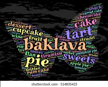 Baklava. Word cloud, butterfly, grunge background.  Food concept.