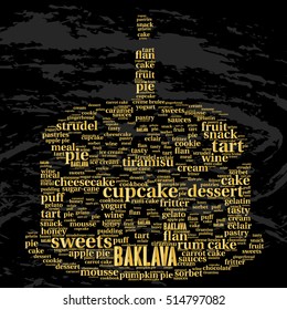 Baklava. Word cloud, cake with a candle, golden font, grunge background. Food concept.