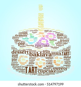 Baklava. The word cloud, cake with a candle, gradient blue background. Food concept.