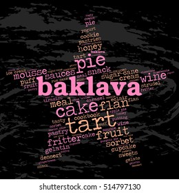 Baklava. Word cloud, star, grunge background. Food for celebrities.