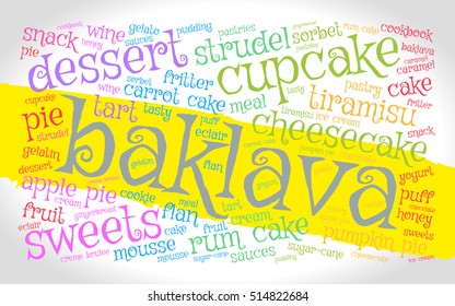 Baklava. Word cloud, yellow stripe, gradient grey background. Food concept.