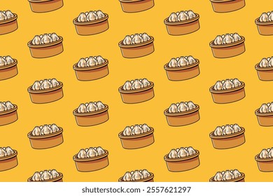 bakpao chinese dumpling on steamer illustration seamless pattern on yellow background for restaurant and cafe decor and merchandise. seamless pattern of bakpao chinese dim sum vector background 