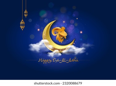 Bakrid Mubark or Happy Eid al-adha text with Goat, moon and mosque background. Islamic Muslims festival of animals Sacrifice and slaughter.