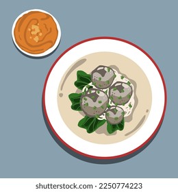Bakso is an Indonesian meatball, Its similar like Chinese beef ball, fish ball, or pork ball. The ingredients are beef broth soup, noodle, tofu and sauce on bowl. Food illustration for Poster Design