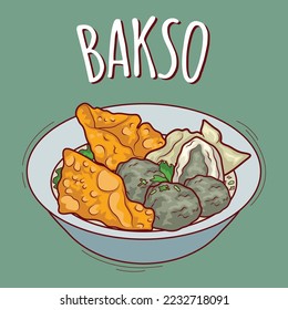 Bakso o ilustración de la carne comida indonesia con estilo de caricatura