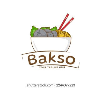 Bakso or meatball with Noodle and Vegetable logo icon. Flat cartoon style. Asian Food concept design. Indonesian traditional street food. Vector art illustration isolated white background