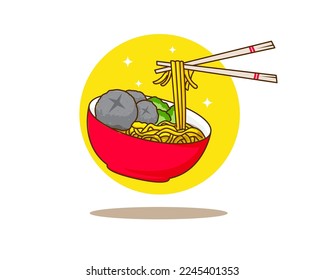 Bakso or meatball with Noodle and Vegetable logo icon. Flat cartoon style. Asian Food concept design. Indonesian traditional street food. Vector art illustration isolated white background