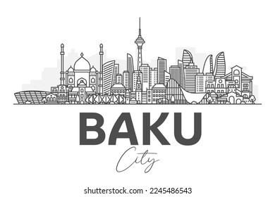 Baku, Azerbaijan architecture line skyline illustration. Linear vector cityscape with famous landmarks, city sights, design icons. Landscape with editable strokes.