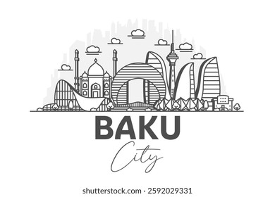 Baku, Azerbaijan architecture line skyline illustration with shadows. Linear vector cityscape with famous landmarks, city sights, design icons.