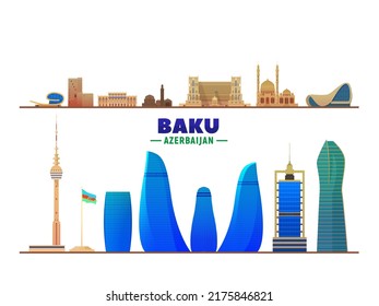 Baku (Azerbaijan) city landmarks on a white background. Flat vector illustration. Business travel and tourism concept with modern buildings. Image for banner or website.