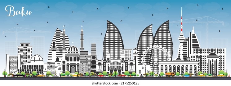 Baku Azerbaijan City Skyline with Color Buildings and Blue Sky. Vector Illustration. Baku Cityscape with Landmarks. Business Travel and Tourism Concept with Historic Architecture.