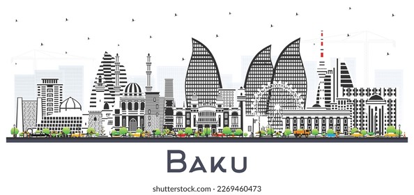 Baku Azerbaijan City Skyline with Color Buildings Isolated on White. Vector Illustration. Baku Cityscape with Landmarks. Business Travel and Tourism Concept with Historic Architecture.