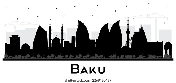 Baku Azerbaijan City Skyline Silhouette with Black Buildings Isolated on White. Vector Illustration. Baku Cityscape with Landmarks. Business Travel and Tourism Concept with Historic Architecture.