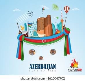 Baku Azerbaijan city vector flag illustration banner background. Independence, Republic, Military day label sticker flat tourism sky land of fire 