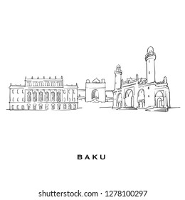 Baku Azerbaijan famous architecture. Outlined vector sketch separated on white background. Architecture drawings of all European capitals.