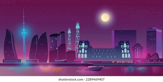 Baku, Azerbaijan. Baku futuristic night city. Cityscape on a colorful background with bright and glowing neon lights. Wide city front perspective view. Cyberpunk and retro wave style illustration.