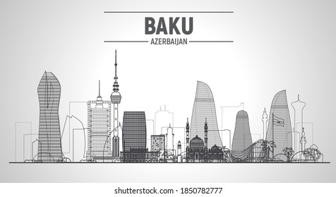 Baku (Azerbaijan) line skyline silhouette. Stroke vector illustration. Business travel and tourism concept with modern buildings. Image for banner or web site.