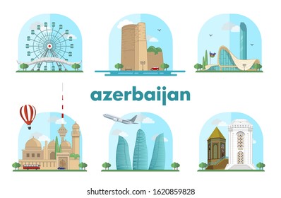 Baku, Azerbaijan Nakhchivan City Vector Illustrations Maiden Tower, Flame Towers, Heydar Aliyev Center, Huseyn Javid Monuments, Blue Residences Sights Icon Vector Design Isolated Architechture Tourism