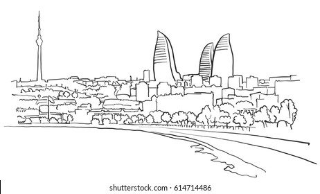 Baku Azerbaijan Panorama Sketch, Monochrome Urban Cityscape Vector Artprint