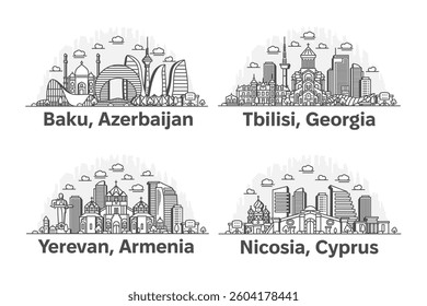 Baku, Azerbaijan, Tbilisi, Georgia, Yerevan, Armenia, Nicosia, Cyprus architecture line skyline illustration with shadows. Linear vector cityscape with famous landmarks, city sights, design icons.