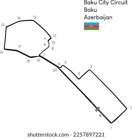 "Baku City Circuit" in Baku, Azerbaijan. Vectorial art circuit with real asphalt limits, turns and turn names. Car racetrack and formula version. Azerbaijan GP.