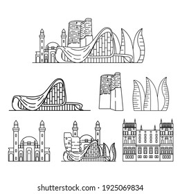 Baku city landmarks, vector outline buildings, simple icons, Azerbaijan illustrations