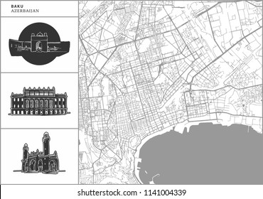 Baku city map with hand-drawn architecture icons. All drawigns, map and background separated for easy color change. Easy repositioning in vector version. svg
