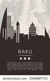 Baku city template for website, presentation, front page, invitation, publication sheet with skyline, landmarks. Vector Azerbaijan image layout, simple and grayscale