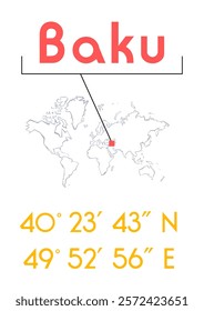 Baku poster or t-shirt graphic design. City coordinates and world map location typography. Creative minimal travel destination poster design.
