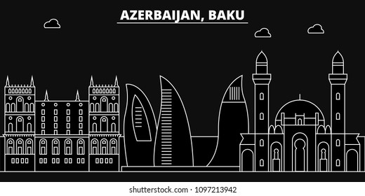 Baku silhouette skyline. Azerbaijan - Baku vector city, azerbaijani linear architecture, buildings. Baku line travel illustration, landmarks. Azerbaijan flat icons, azerbaijani outline design banner