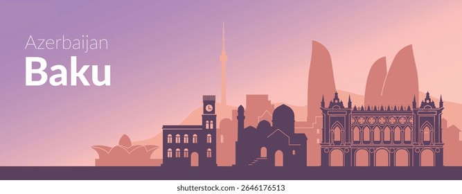 O horizonte de Baku oferece uma paisagem urbana deslumbrante do Azerbaijão ao anoitecer, criando uma vista fascinante